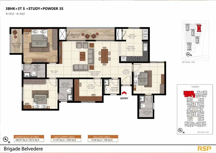 3.5 BHK with Study + Powder Room - Tower B, 2,013 sq. ft.