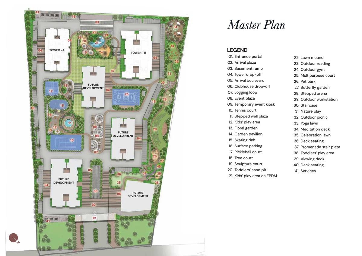 Brigade Belvedere master plan showing 10.75-acre site layout with towers, clubhouse, and courtyards
